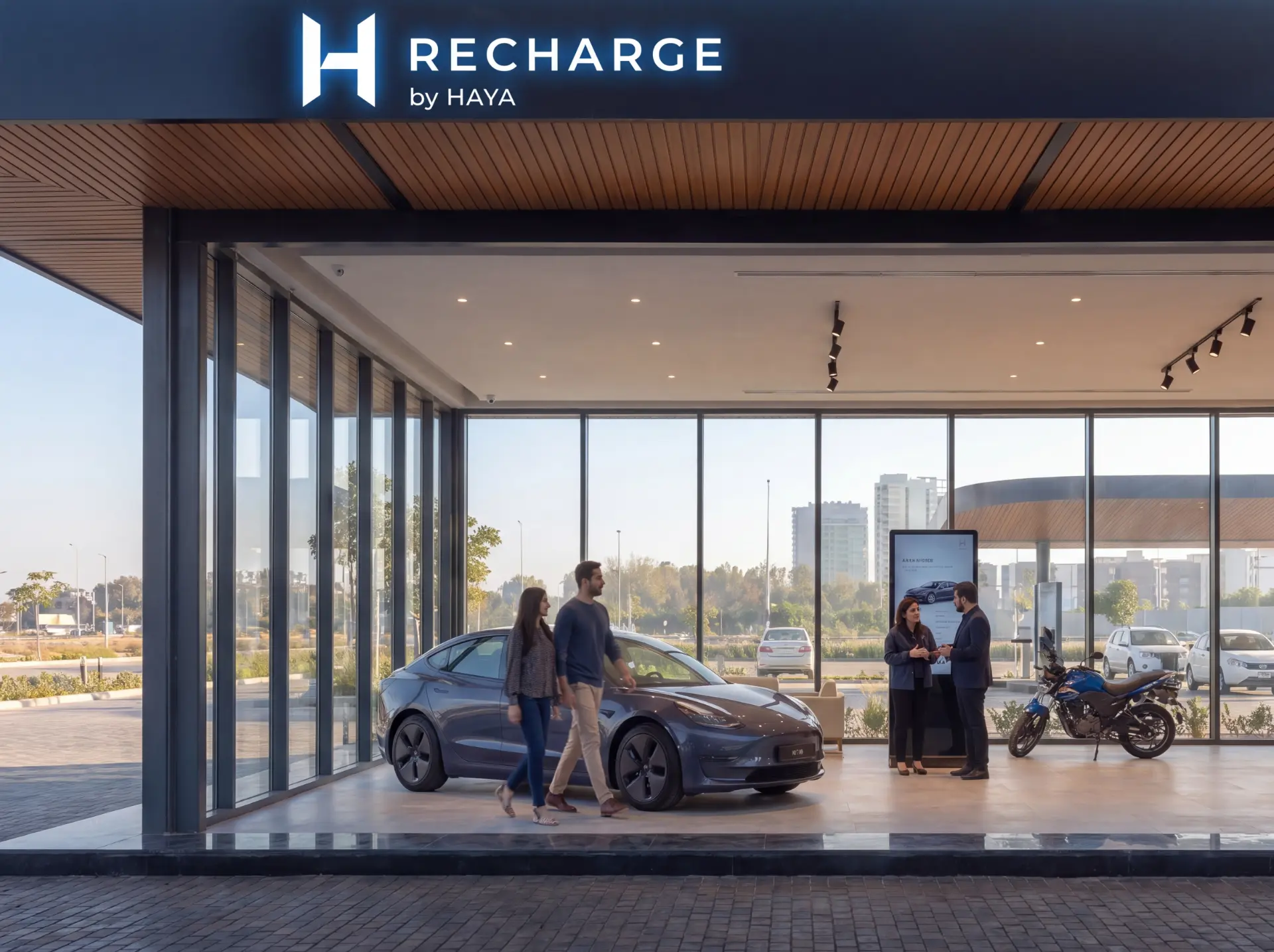 A couple exploring a display EV inside the bright RECHARGE by HAYA showroom while a host explains options to nearby guests
