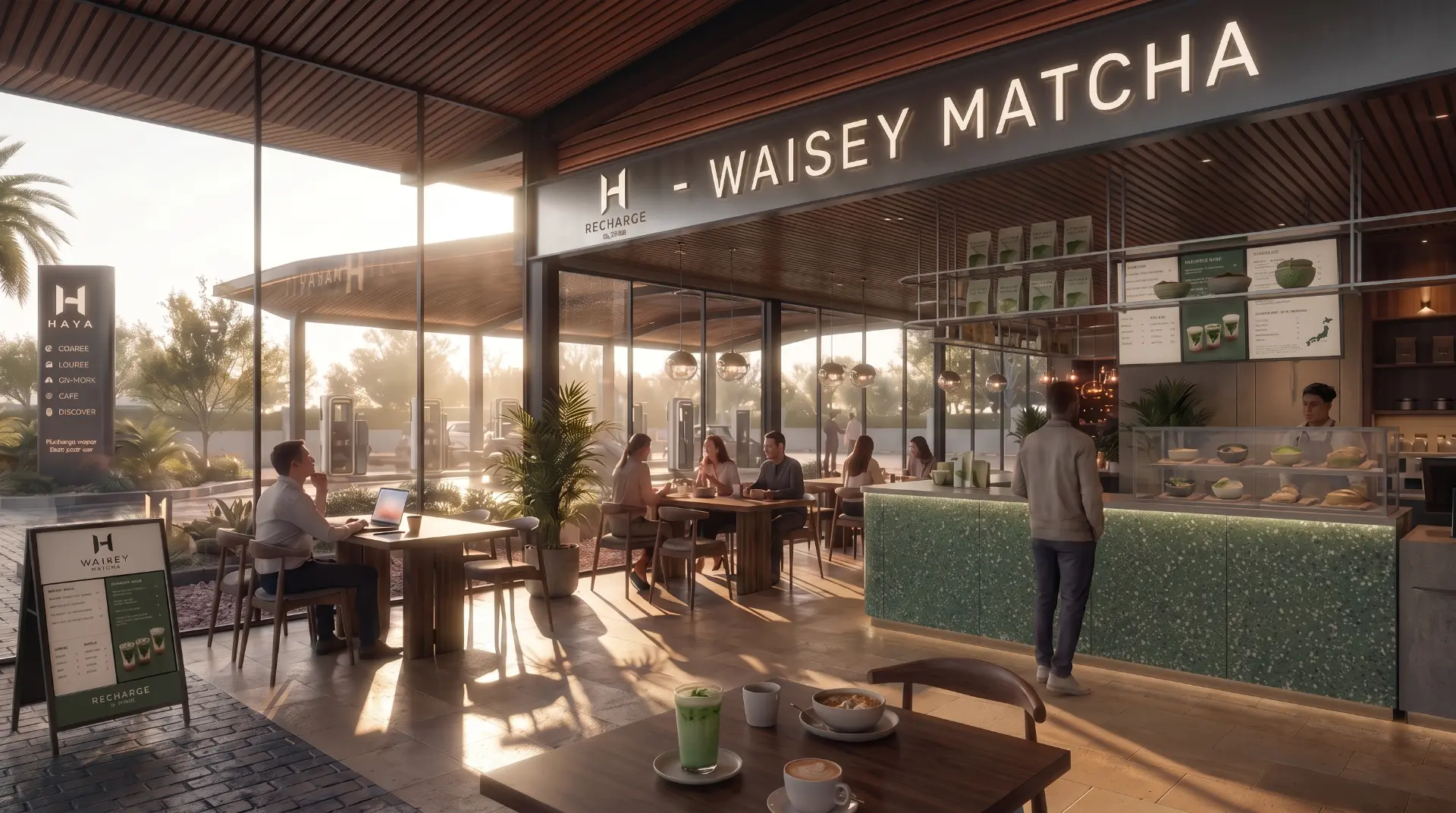 Guests relaxing at the HAYA café and Waisey Matcha bar under the canopy at golden hour