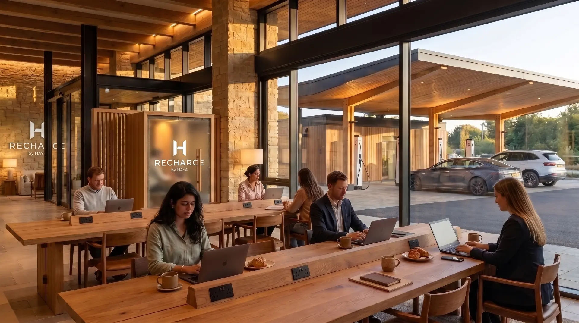 Professionals working on laptops at timber tables in a RECHARGE by HAYA workspace, with charging canopies visible through the glass
