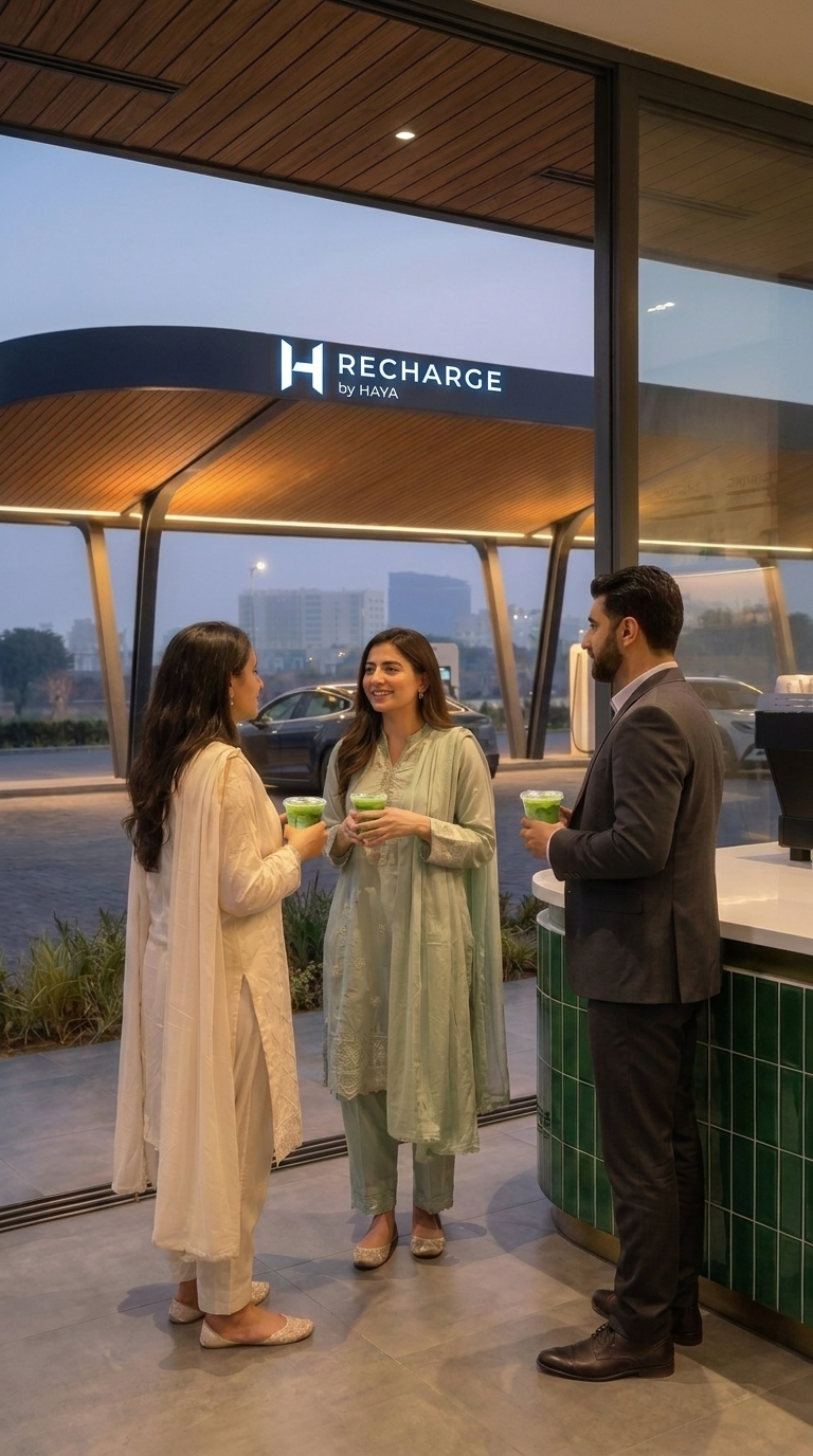 Guests enjoying matcha and conversation at the HAYA café counter at dusk