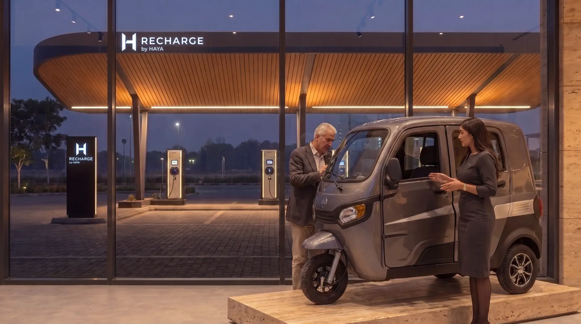 HAYA Discover pavilion with a host explaining an electric rickshaw to a guest under the station canopy