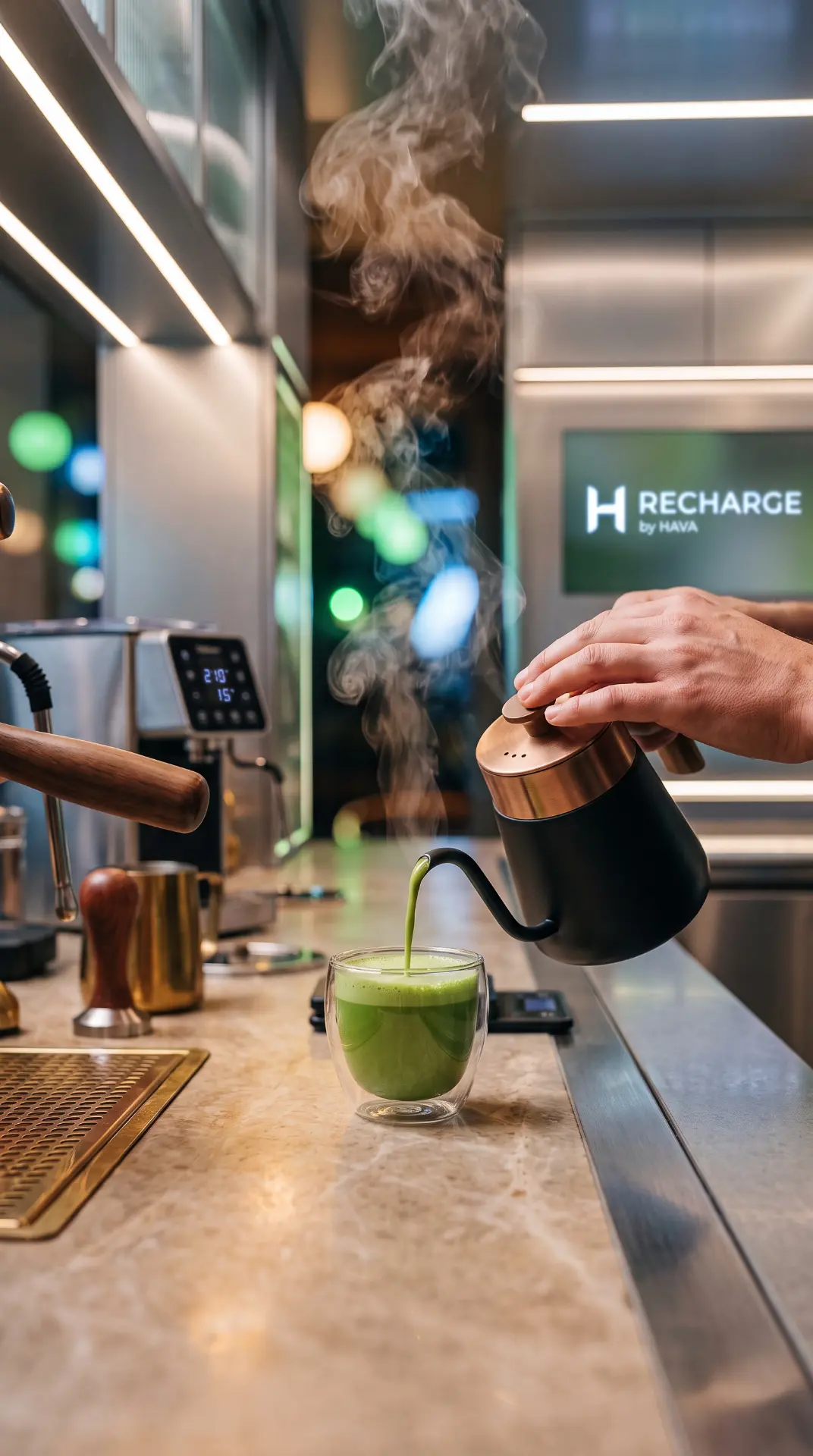 Matcha being poured from a modern black kettle into a glass at the Waisey Matcha bar inside RECHARGE by HAYA, with the brand glowing on a screen behind the counter